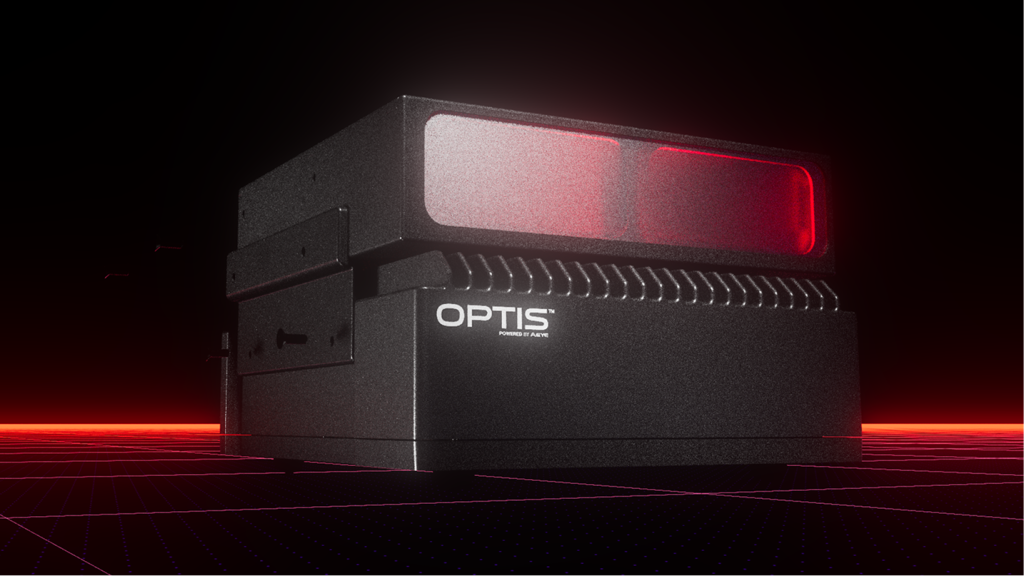 A black, box-shaped device labeled OPTIS emits red light from its front panel. The device sits on a grid-patterned surface with a glowing red horizon against a dark, futuristic background.