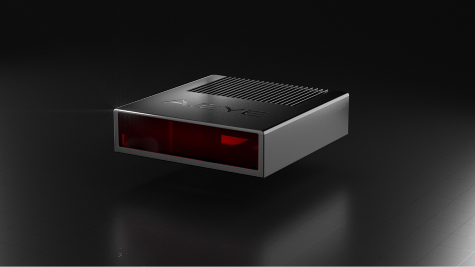 A sleek, rectangular electronic device with a black and silver finish and a transparent red front panel, labeled AEYE, is displayed against a dark background.